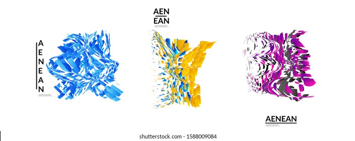 Abstract futuristic shapes made of small particle explosion. Optical art geometric background with high speed of motion. Futuristic vector illustration badge set.

