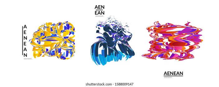 Abstract futuristic shapes made of small particle explosion. Optical art geometric background with high speed of motion. Futuristic vector illustration badge set.
