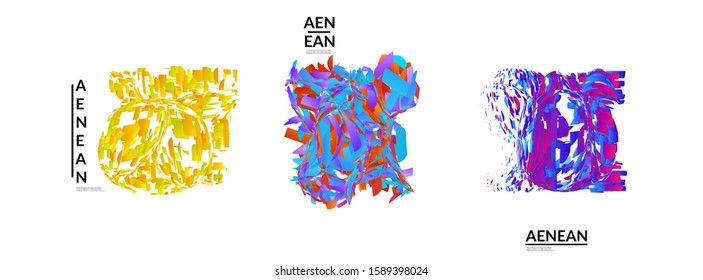 Abstract futuristic shapes made of small particle explosion. Optical art geometric background with high speed of motion. Futuristic vector illustration badge set.
