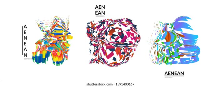 Abstract futuristic shapes made of small particle explosion. Optical art geometric background with high speed of motion. Futuristic vector illustration badge set.
