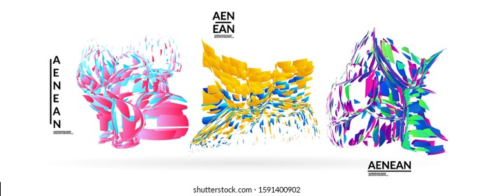 Abstract futuristic shapes made of small particle explosion. Optical art geometric background with high speed of motion. Futuristic vector illustration badge set.
