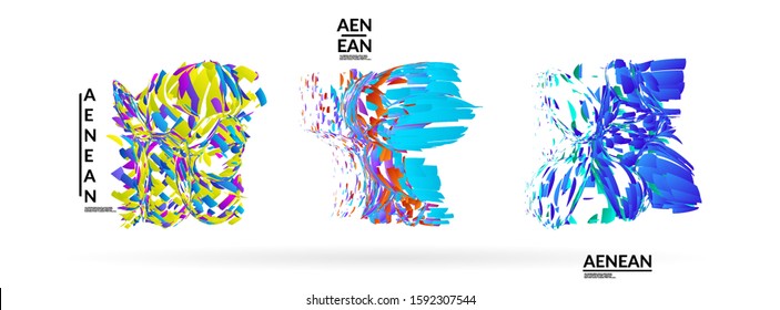 Abstract futuristic shapes made of small particle explosion. Optical art geometric background with high speed of motion. Futuristic vector illustration badge set.
