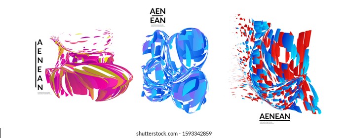 Abstract futuristic shapes made of small particle explosion. Optical art geometric background with high speed of motion. Futuristic vector illustration badge set.
