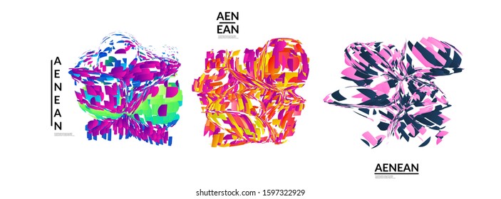 Abstract futuristic shapes made of small particle explosion. Optical art geometric background with high speed of motion. Futuristic vector illustration badge set.
