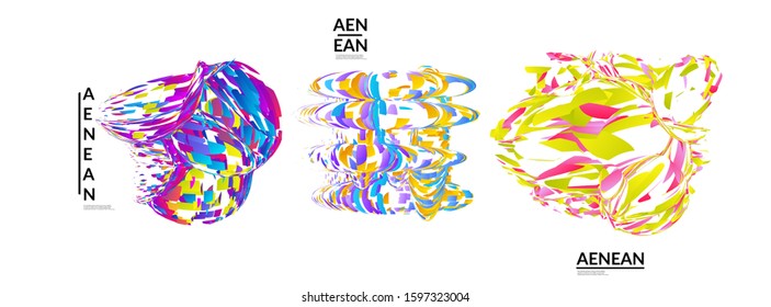 Abstract futuristic shapes made of small particle explosion. Optical art geometric background with high speed of motion. Futuristic vector illustration badge set.
