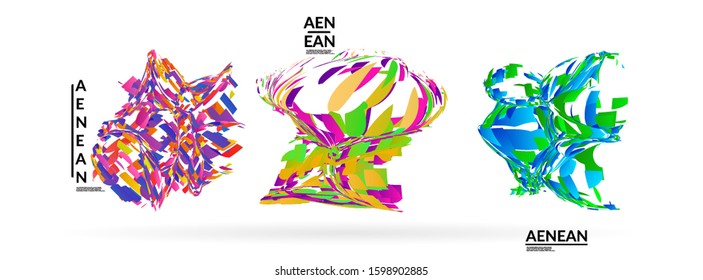 Abstract futuristic shapes made of small particle explosion. Optical art geometric background with high speed of motion. Futuristic vector illustration badge set.
