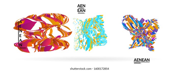 Abstract futuristic shapes made of small particle explosion. Optical art geometric background with high speed of motion. Futuristic vector illustration badge set.
