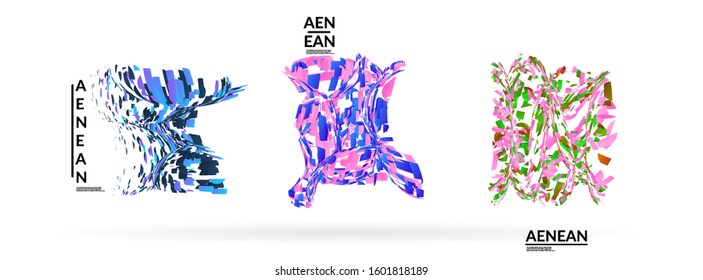 Abstract futuristic shapes made of small particle explosion. Optical art geometric background with high speed of motion. Futuristic vector illustration badge set.
