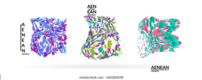 Abstract futuristic shapes made of small particle explosion. Optical art geometric background with high speed of motion. Futuristic vector illustration badge set.
