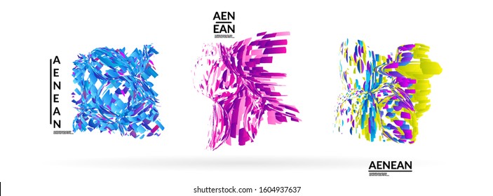 Abstract futuristic shapes made of small particle explosion. Optical art geometric background with high speed of motion. Futuristic vector illustration badge set.
