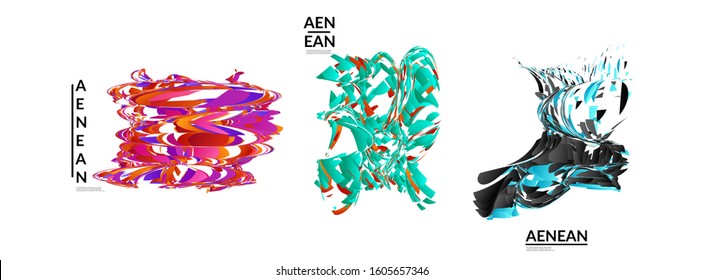 Abstract futuristic shapes made of small particle explosion. Optical art geometric background with high speed of motion. Futuristic vector illustration badge set.
