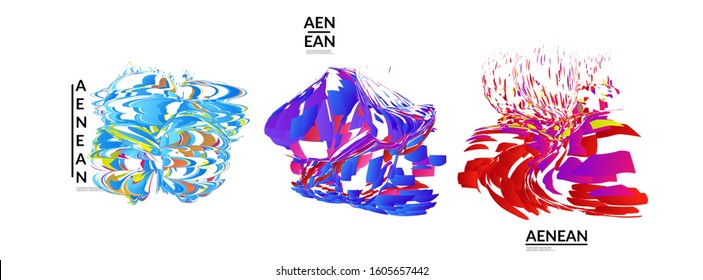 Abstract futuristic shapes made of small particle explosion. Optical art geometric background with high speed of motion. Futuristic vector illustration badge set.
