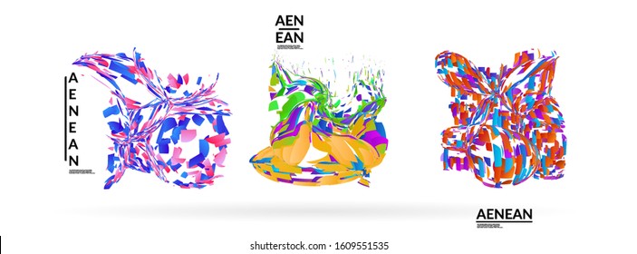 Abstract futuristic shapes made of small particle explosion. Optical art geometric background with high speed of motion. Futuristic vector illustration badge set.
