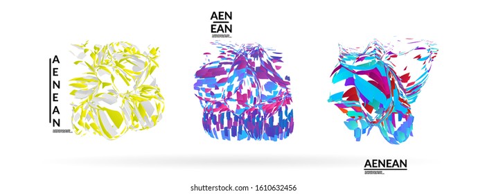 Abstract futuristic shapes made of small particle explosion. Optical art geometric background with high speed of motion. Futuristic vector illustration badge set.
