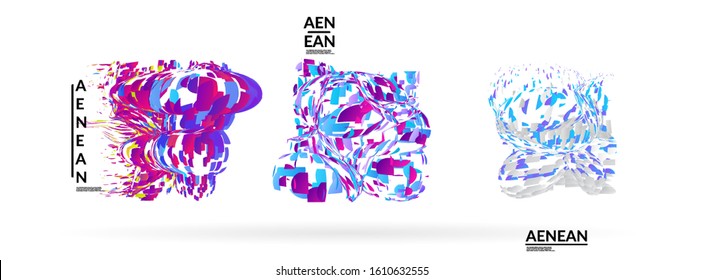 Abstract futuristic shapes made of small particle explosion. Optical art geometric background with high speed of motion. Futuristic vector illustration badge set.

