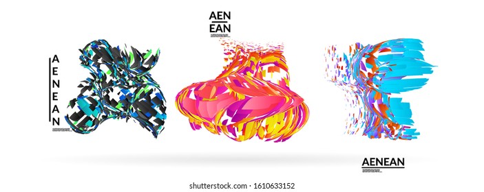 Abstract futuristic shapes made of small particle explosion. Optical art geometric background with high speed of motion. Futuristic vector illustration badge set.
