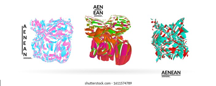 Abstract futuristic shapes made of small particle explosion. Optical art geometric background with high speed of motion. Futuristic vector illustration badge set.
