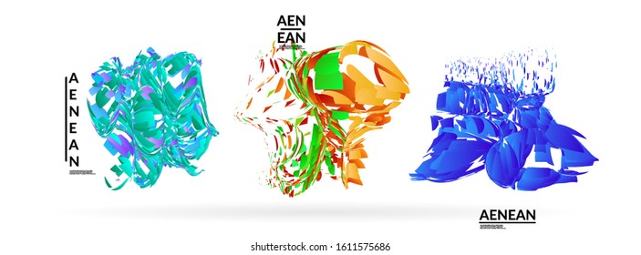 Abstract futuristic shapes made of small particle explosion. Optical art geometric background with high speed of motion. Futuristic vector illustration badge set.
