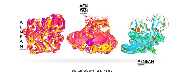 Abstract futuristic shapes made of small particle explosion. Optical art geometric background with high speed of motion. Futuristic vector illustration badge set.
