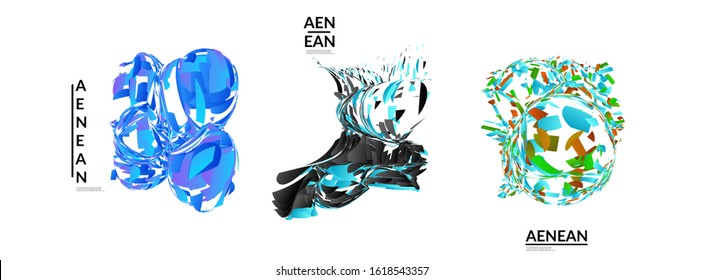 Abstract futuristic shapes made of small particle explosion. Optical art geometric background with high speed of motion. Futuristic vector illustration badge set.
