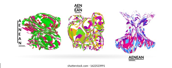 Abstract futuristic shapes made of small particle explosion. Optical art geometric background with high speed of motion. Futuristic vector illustration badge set.
