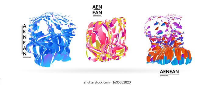 Abstract futuristic shapes made of small particle explosion. Optical art geometric background with high speed of motion. Futuristic vector illustration badge set.

