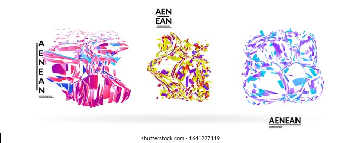 Abstract futuristic shapes made of small particle explosion. Optical art geometric background with high speed of motion. Futuristic vector illustration badge set.
