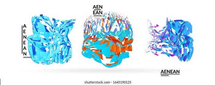 Abstract futuristic shapes made of small particle explosion. Optical art geometric background with high speed of motion. Futuristic vector illustration badge set.
