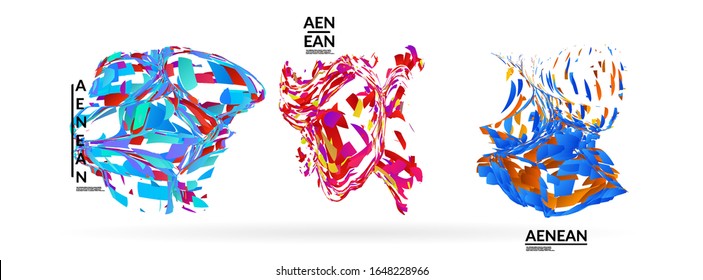 Abstract futuristic shapes made of small particle explosion. Optical art geometric background with high speed of motion. Futuristic vector illustration badge set.