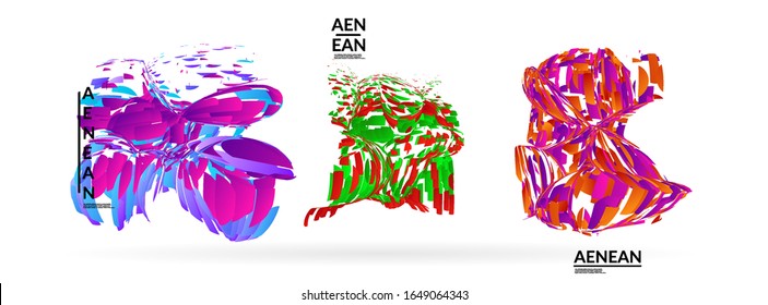 Abstract futuristic shapes made of small particle explosion. Optical art geometric background with high speed of motion. Futuristic vector illustration badge set.
