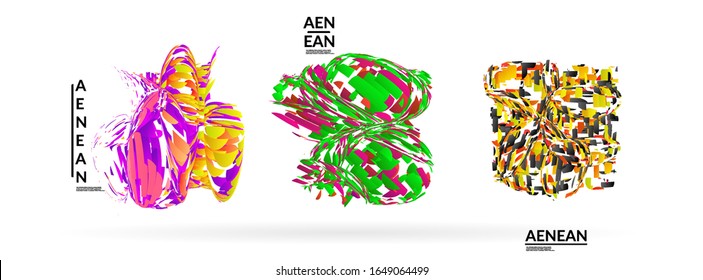 Abstract futuristic shapes made of small particle explosion. Optical art geometric background with high speed of motion. Futuristic vector illustration badge set.
