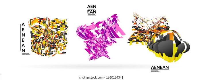 Abstract futuristic shapes made of small particle explosion. Optical art geometric background with high speed of motion. Futuristic vector illustration badge set.