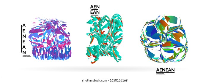 Abstract futuristic shapes made of small particle explosion. Optical art geometric background with high speed of motion. Futuristic vector illustration badge set.