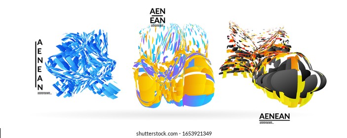 Abstract futuristic shapes made of small particle explosion. Optical art geometric background with high speed of motion. Futuristic vector illustration badge set.
