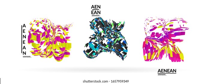 Abstract futuristic shapes made of small particle explosion. Optical art geometric background with high speed of motion. Futuristic vector illustration badge set.
