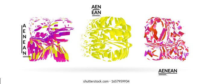 Formas abstractas futuristas hechas de pequeñas explosiones de partículas. Fondo geométrico de arte óptico con alta velocidad de movimiento. Juego de insignias de ilustración vectorial futurista.

