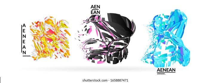 Abstract futuristic shapes made of small particle explosion. Optical art geometric background with high speed of motion. Futuristic vector illustration badge set.

