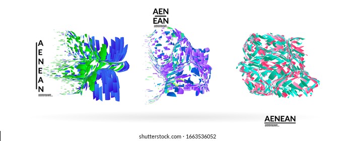 Abstract futuristic shapes made of small particle explosion. Optical art geometric background with high speed of motion. Futuristic vector illustration badge set.
