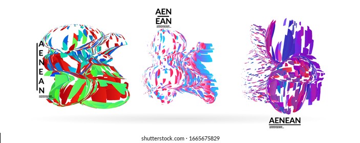 Abstract futuristic shapes made of small particle explosion. Optical art geometric background with high speed of motion. Futuristic vector illustration badge set.
