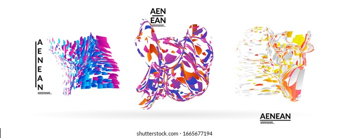 Abstract futuristic shapes made of small particle explosion. Optical art geometric background with high speed of motion. Futuristic vector illustration badge set.
