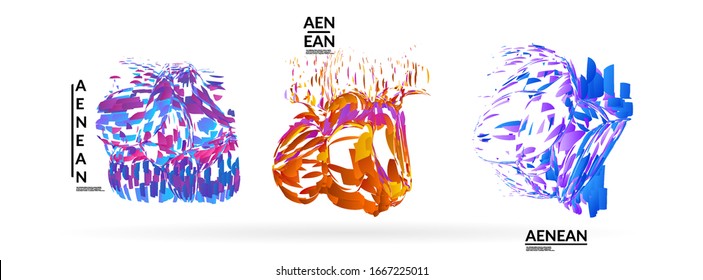 Abstract futuristic shapes made of small particle explosion. Optical art geometric background with high speed of motion. Futuristic vector illustration badge set.
