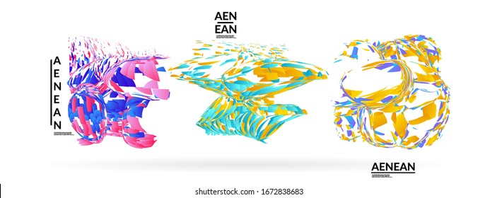 Abstract futuristic shapes made of small particle explosion. Optical art geometric background with high speed of motion. Futuristic vector illustration badge set.

