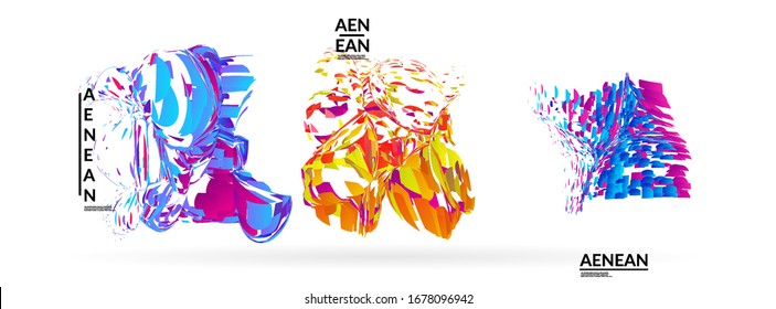Abstract futuristic shapes made of small particle explosion. Optical art geometric background with high speed of motion. Futuristic vector illustration badge set.
