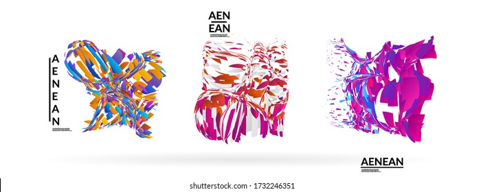 Abstract futuristic shapes made of small particle explosion. Optical art geometric background with high speed of motion. Futuristic vector illustration badge set.
