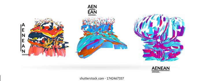 Abstract futuristic shapes made of small particle explosion. Optical art geometric background with high speed of motion. Futuristic vector illustration badge set.
