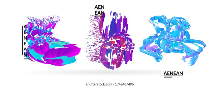 Resumen de formas futuristas hechas de pequeña explosión de partículas. Fondo geométrico de arte óptico con alta velocidad de movimiento. Juego de insignias de ilustración vectorial futurista.

