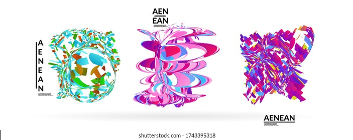 Abstract futuristic shapes made of small particle explosion. Optical art geometric background with high speed of motion. Futuristic vector illustration badge set.
