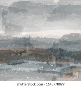 Abstract futuristic sketch  landscape with silhouette of mountains and cloudy sky in grey,beige colors