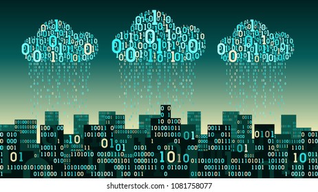 Abstract futuristic smart city with the artificial intelligence and internet of things, connected to cloud storage, binary rain - data stream, big data, network digital technology concept