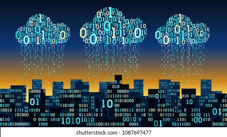 Abstract futuristic smart city with the artificial intelligence and internet of things, connected to cloud storage, binary rain data stream, big data, neural network technology concept